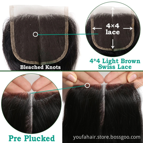 Virgin Brazilian Human Straight Hair Ombre Two Tone Pre Plucked 4x4 1b 27 Transparent Swiss Lace Closure with Baby Hair Bundles